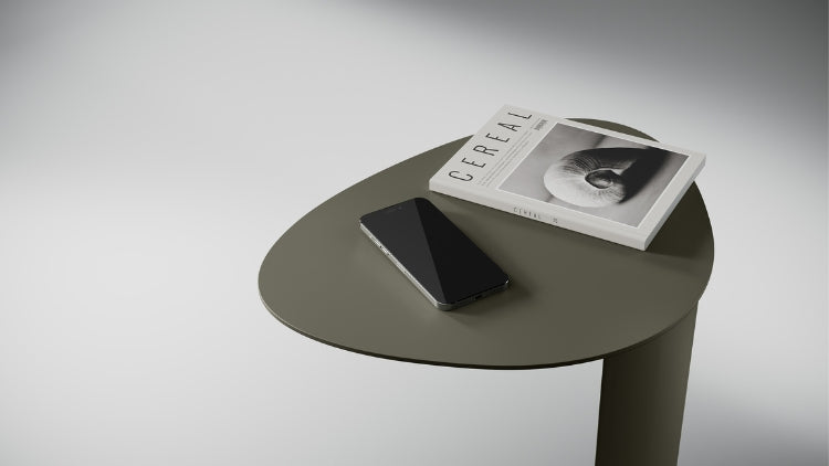 Bink 1025 Laptop and Side Table Moss close up top view with book and phone