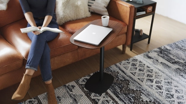 1046 Wood Lift Laptop Table in Chocolate Stained Walnut in home with sofa, laptop, and coffee