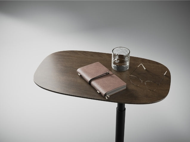 1046 Wood Lift Laptop Table in Toasted Oak with notebook and drink