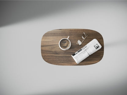 1046 Wood Lift Laptop Table in Walnut with coffee and newspaper