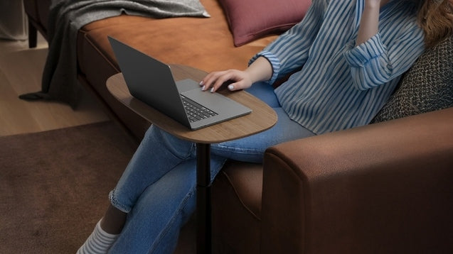 1046 Wood Lift Laptop Table in Walnut in living room with sofa and laptop