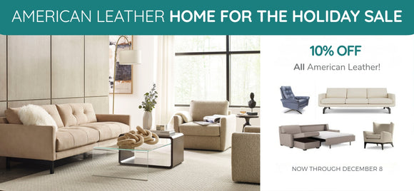 Advertisement for American Leather with a living room setup and holiday sale text.