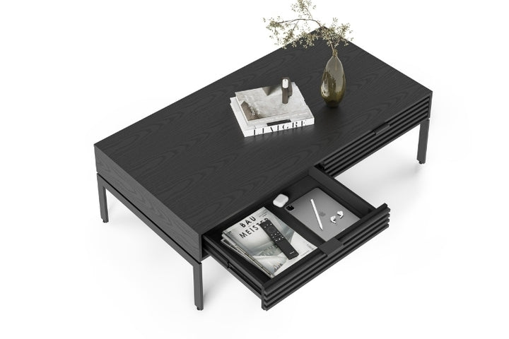 Cora 1172 Coffee Table in Charcoal Stained Ash top view with open drawer