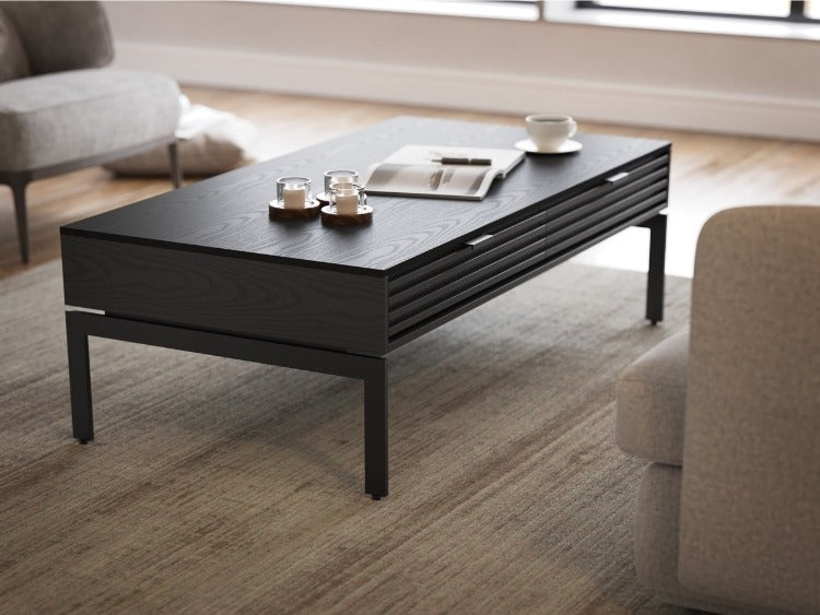 Cora 1172 Coffee Table in Charcoal Stained Ash in living room with seating and rug