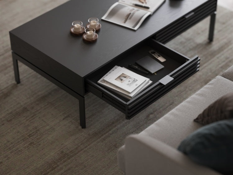 Cora 1172 Coffee Table in Charcoal Stained Ash in living room with open drawer