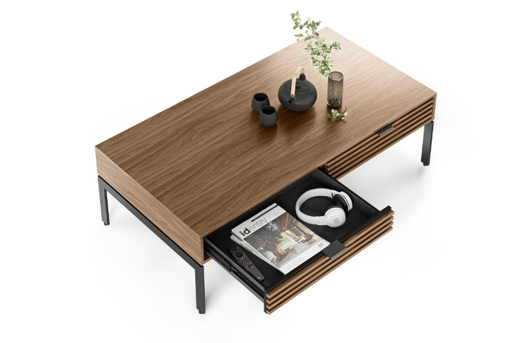 Cora 1172 Coffee Table in Walnut top view with open drawer