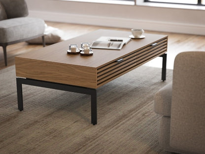 Cora 1172 Coffee Table in Walnut in living room with seating and rug
