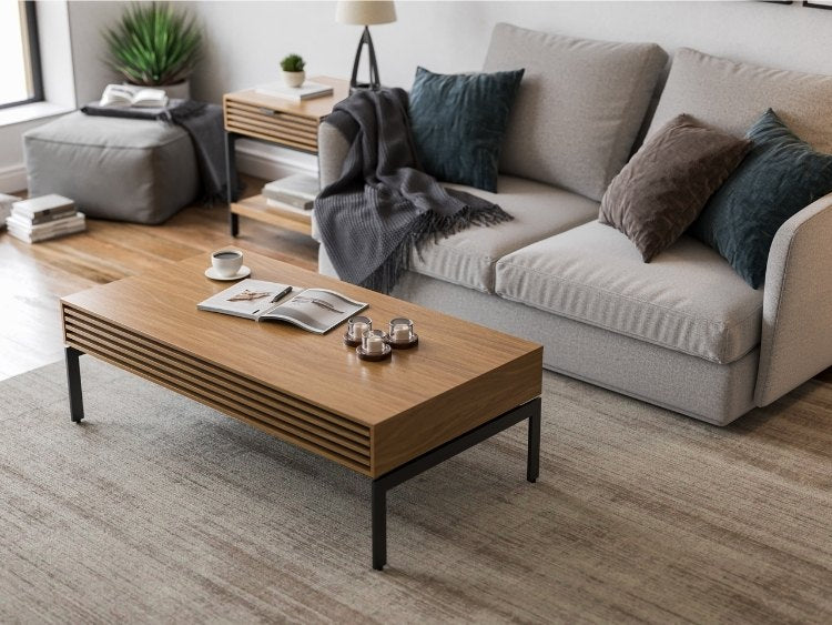 Cora 1172 Coffee Table in Walnut in living room with sofa, rug, and decor