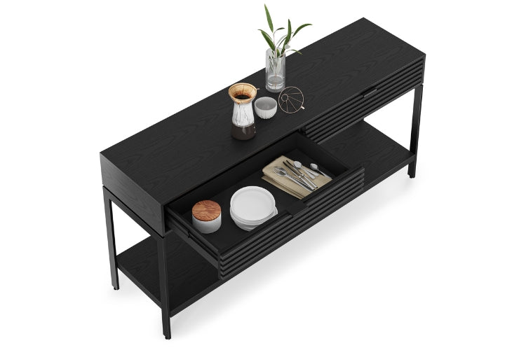 Cora 1173 Console in Charcoal Stained Ash top view with open drawer
