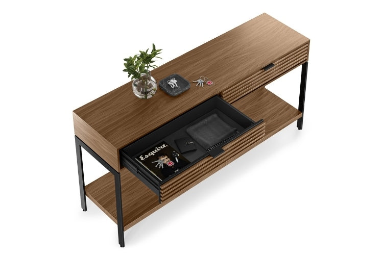 Cora 1173 Console in Walnut top view with open drawer