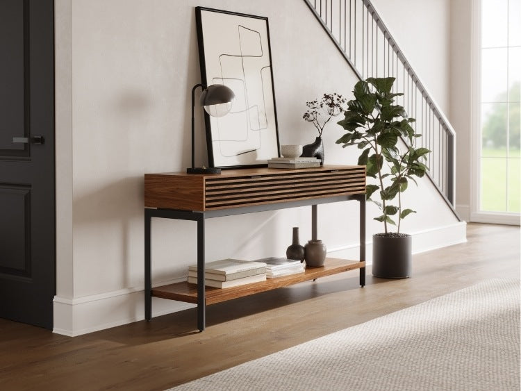 Cora 1173 Console in Walnut in entryway with plant, decor, and rug