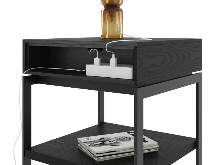Cora 1176 End Table in Charcoal Stained Ash back with open shelf for hidden charging