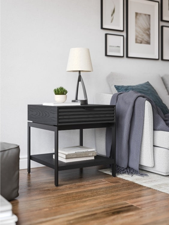Cora 1176 End Table in Charcoal Stained Ash with books, seating, and rug
