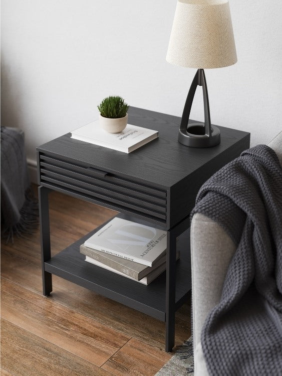 Cora 1176 End Table in Charcoal Stained Ash with books and lamp