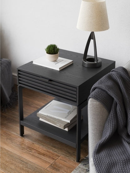 Cora 1176 End Table in Charcoal Stained Ash with books and lamp