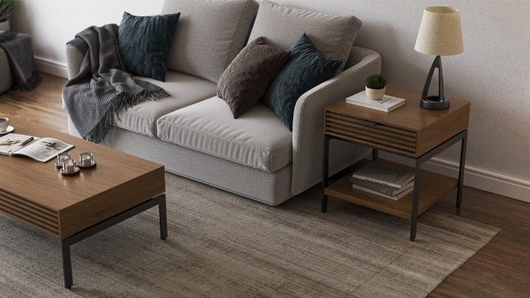 Cora 1176 End Table in Walnut in living room with seating, rug, sofa, and coffee table