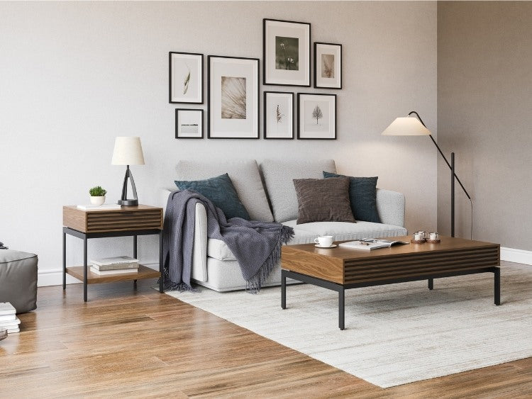 Cora 1176 End Table in Walnut in living room with seating, rug, and coffee table