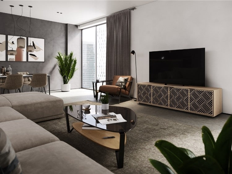 Dino 1363 Large Coffee Table in Washed Oak with credenza, seating, and rug
