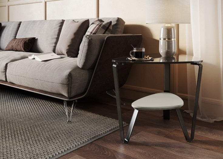 Dino 1367 End Table in Stone with seating, rug, lamp