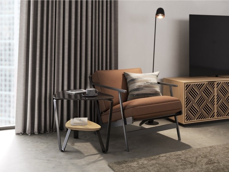 Dino 1367 End Table in Washed Oak with seating, credenza, and rug