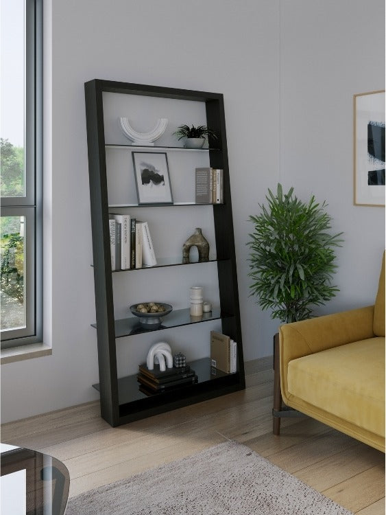 Eileen 5166 Leaning Shelf in Charcoal in room with chair, rug, and decor