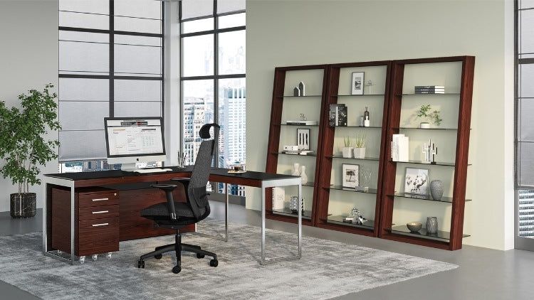 Eileen 5166 Leaning Shelf in Chocolate Stained Walnut, 3 shelving systems in home office with desk, chair, and rug