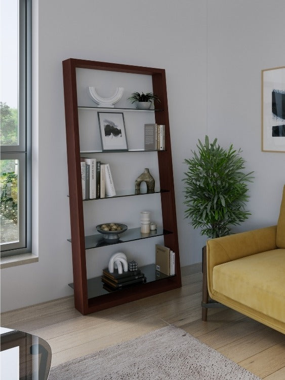 Eileen 5166 Leaning Shelf in Chocolate Stained Walnut in room with chair, rug, and decor
