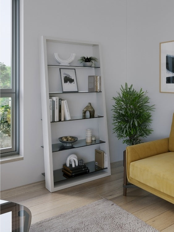 Eileen 5166 Leaning Shelf in Satin White with chair, rug, and decor
