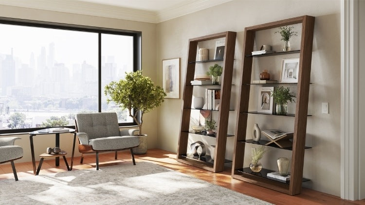 Eileen 5166 Leaning Shelf in Walnut with seating, rug, and decor
