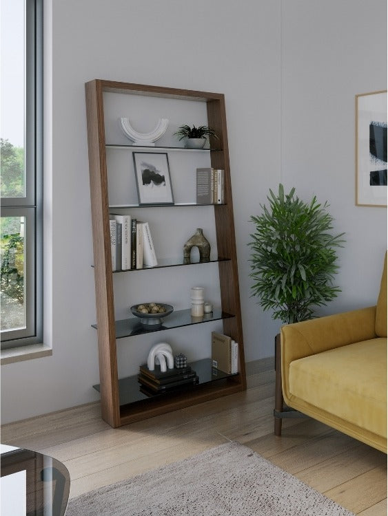 Eileen 5166 Leaning Shelf in Walnut with seating, rug, and decor