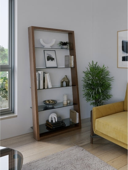 Eileen 5166 Leaning Shelf in Walnut with seating, rug, and decor