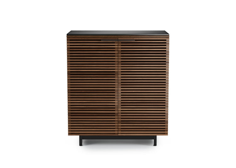 Modern wooden cabinet with horizontal slats and black base 