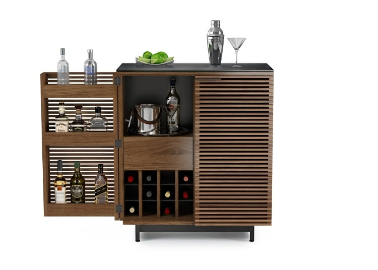 Modern wooden cabinet with horizontal slats and black base used for liquor cabinet 