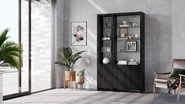 Linea 580012 Shelf System in Charcoal in room with seating and decor