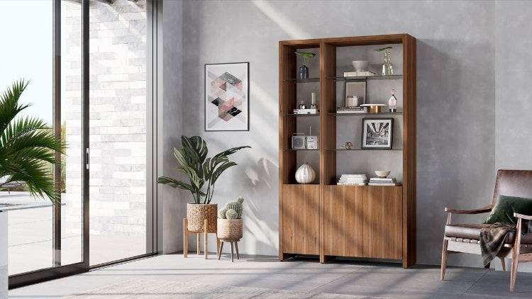 Linea 580012 Shelf System in Walnut in home office with chair and decor