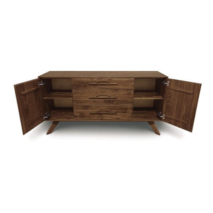 Audrey 1 Door on Either Side of 3 Drawers Buffet walnut with cabinets open to showcase shelving