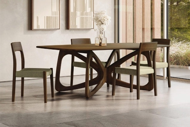 Butterfly Fixed-Top Table walnut in decorated room with 4 chairs