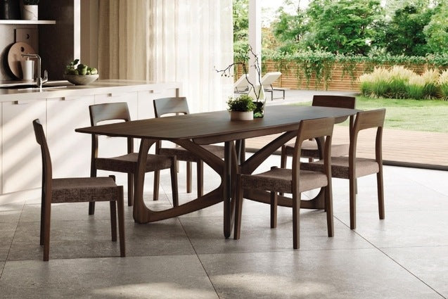 Butterfly Extension Table walnut in decorated room with chairs and kitchen counter