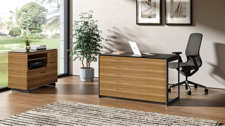 Sequel 20 6108 Compact Desk Back Panel in Walnut in home office with desk, chair, and file