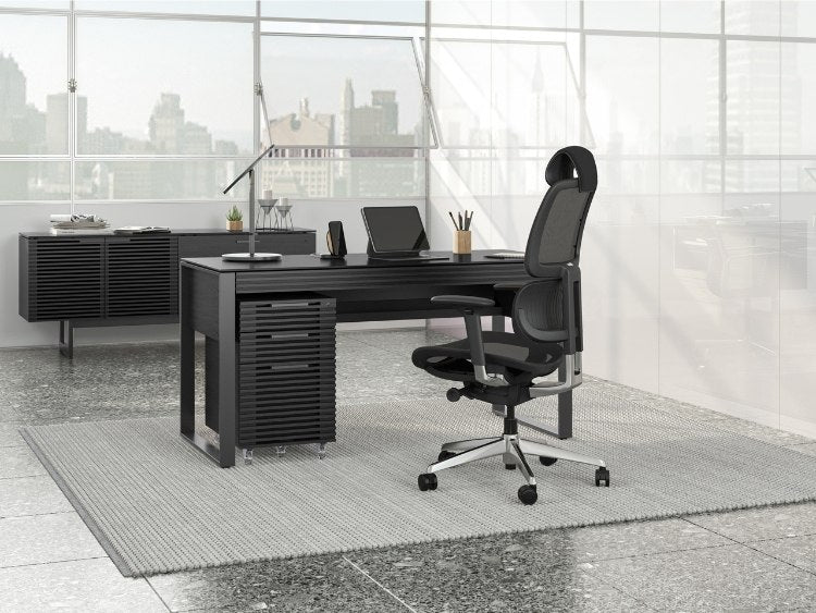 Corridor 6501 Desk in Charcoal in home office with laptop, chair, file, and credenza