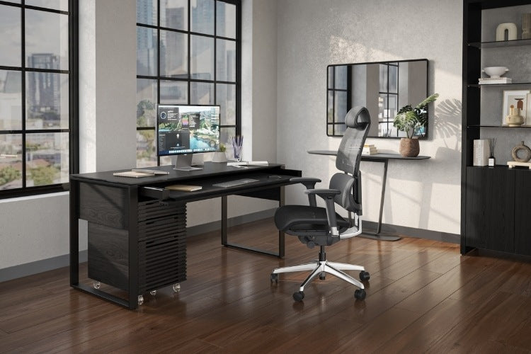 Corridor 6501 Desk in Charcoal in home office with chair, file, and shelving
