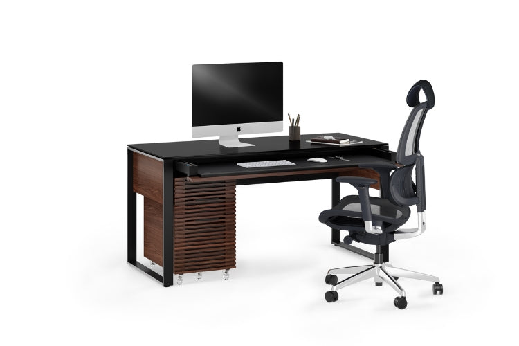 Corridor 6501 Desk in Chocolate Walnut with monitor, file, and chair