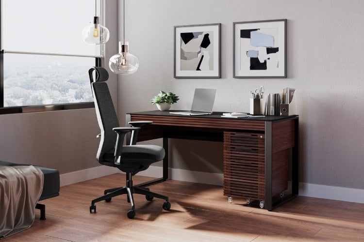 Corridor 6501 Desk in Chocolate Walnut with file, chair, and laptop