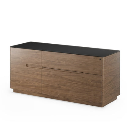 Luma 6720 Cabinet in natural walnut with black top angled view