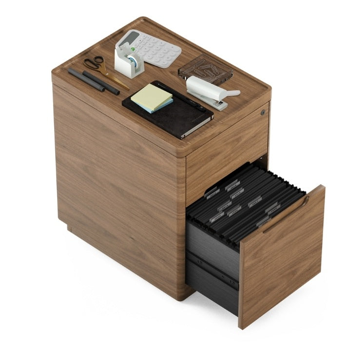 Luma 6727 File Cabinet top view with supplies stored on top and bottom drawer open showcasing file storage