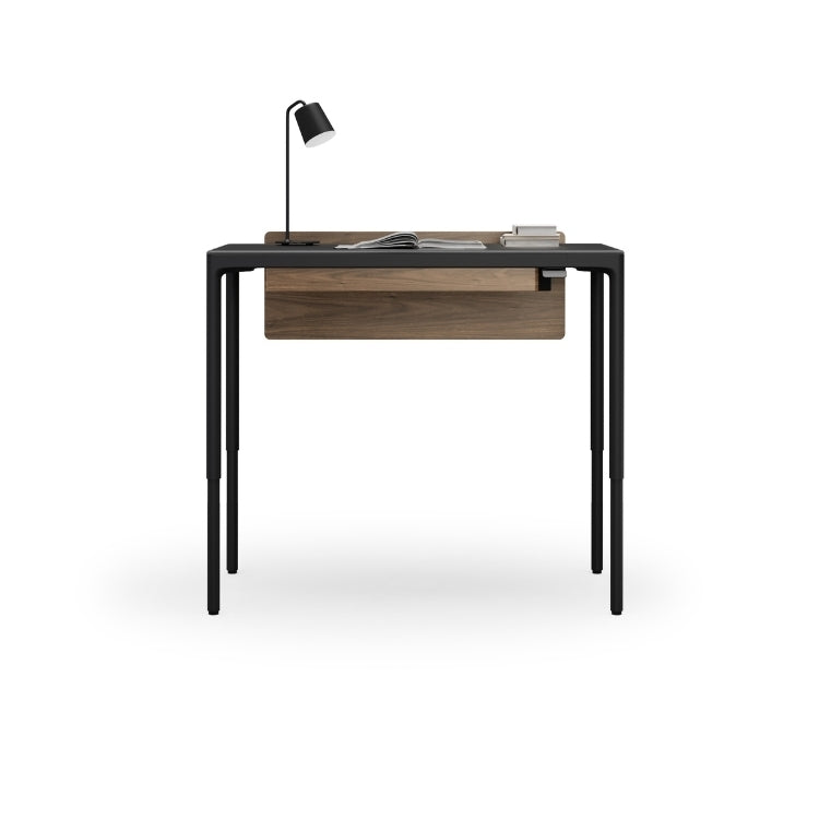 Luma Small Sit/Stand Desk in Black with Walnut modesty panel, lifted to standing height