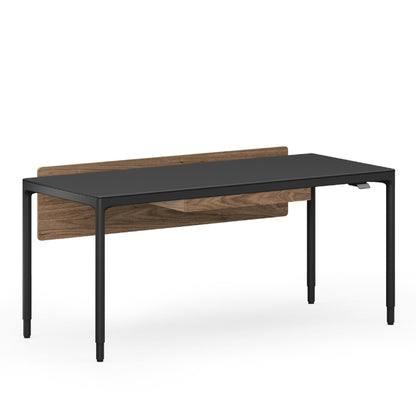 Luma Medium Sit/Stand Desk in Black with Walnut modesty panel 