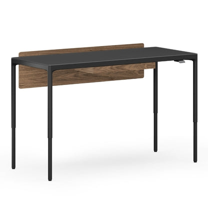 Luma Medium Sit/Stand Desk in Black with Walnut modesty panel at standing height