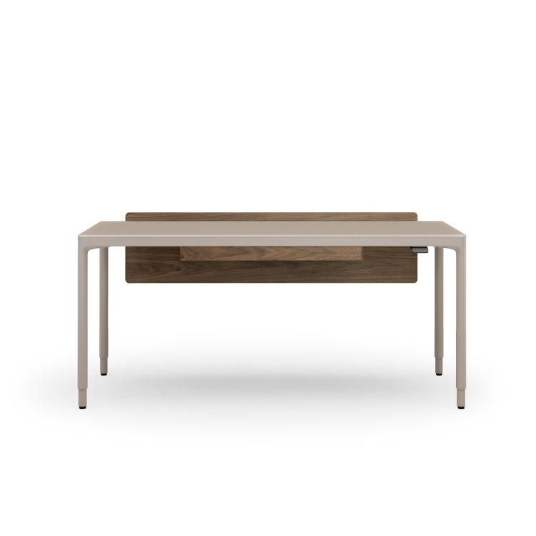 Luma Medium Sit/Stand Desk in Dune with Walnut modesty panel 