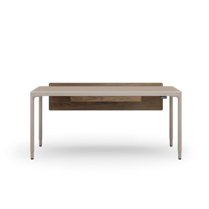 Luma Medium Sit/Stand Desk in Dune with Walnut modesty panel 